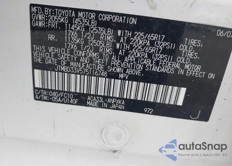 2007 Toyota Rav4 z USA, uszkodzony, nr VIN JTMBD33V575116748